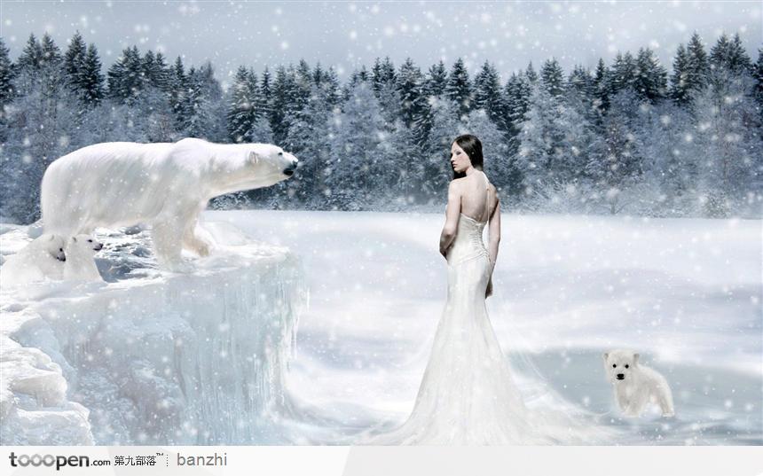 冰天雪地里的女性和北极熊 高清图片
