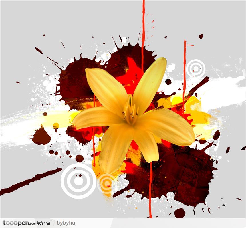 美丽的渲染溅开的墨迹和黄色花卉 PSD素材