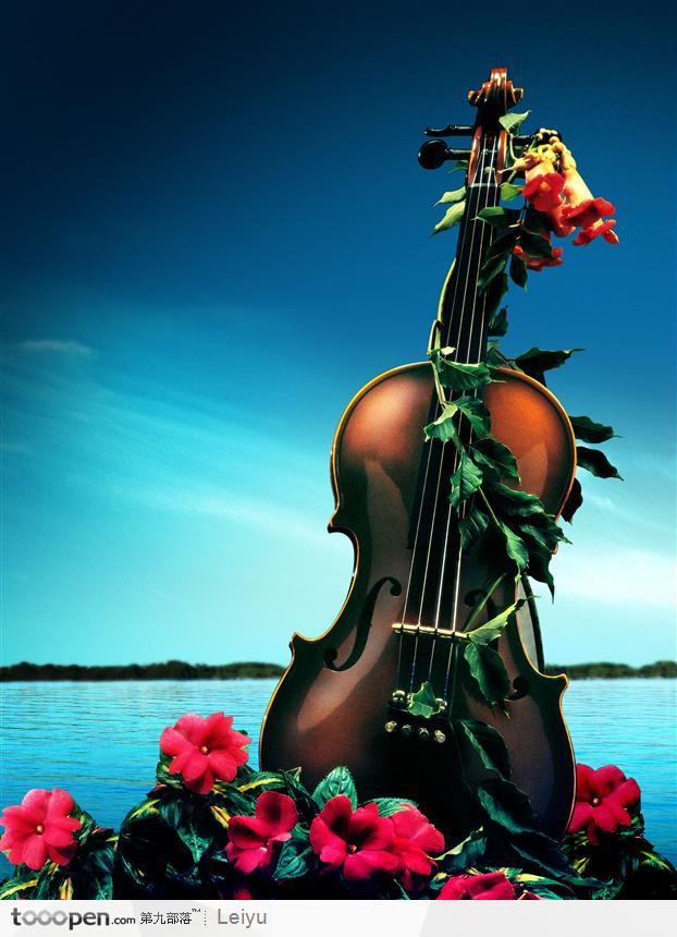 乐器-花藤缠绕的大提琴