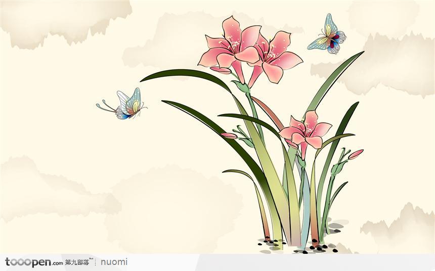 中国画水仙花与蝴蝶