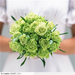 新娘手上的一捆绿玫瑰
