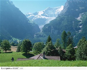 雪山青山树木房屋