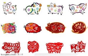 中国民间传统剪纸艺术矢量素材之猪（一）