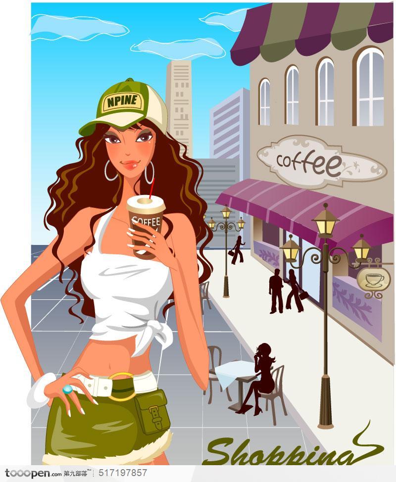 街道边喝咖啡的女孩