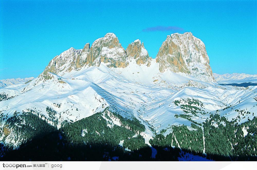 积雪山峰与山下树林