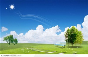 一望无际的绿色草坪和树木长椅蓝天白云太阳风景