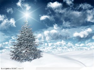 蓝天白云下的雪地3D圣诞节雪景