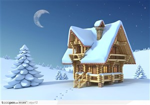 3D圣诞节雪景-漂亮的雪景雪地里的小木屋
