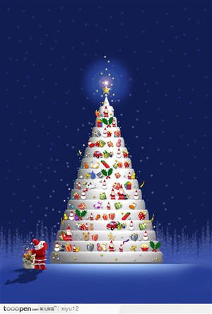 宝塔形圣诞树上的礼品和树下的圣诞老人