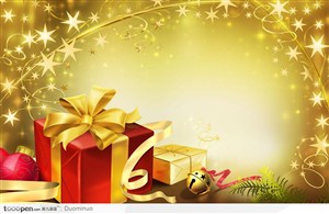 金色花纹背景下的红色圣诞节礼品盒