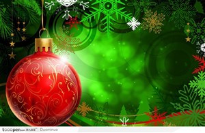 圣诞节装饰-绿色松果松叶上吊着红色的圣诞彩球