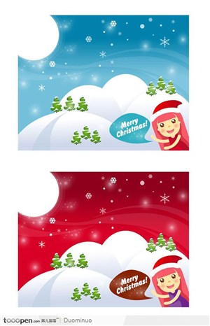 卡通圣诞节素材-蓝天雪花背景下的卡通女孩和雪山