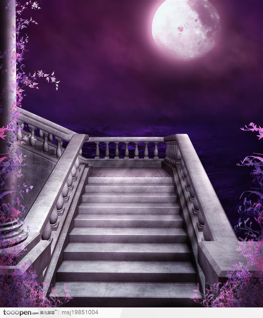 紫红色月光下的废气罗马建筑楼梯和圆柱上的藤蔓