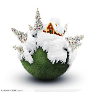 圣诞节元素 绿色创意地球圣诞树与房子