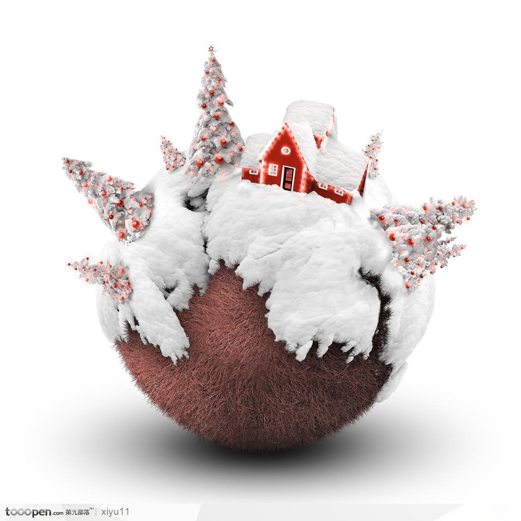 被雪覆盖的地球上圣诞树与小屋极坐标