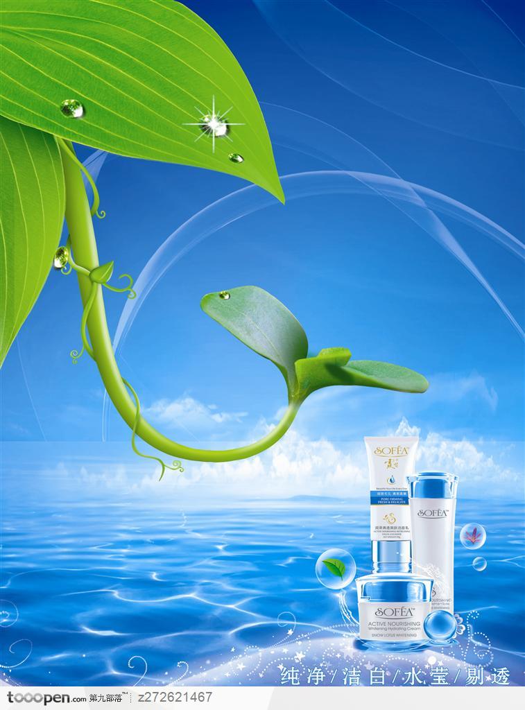 化妆品广告海报PSD素材水珠与绿芽绿叶