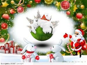 圣诞节贺新年-圣诞节彩球装饰边框和圣诞老人兔子礼品盒