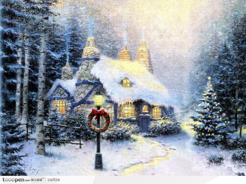 油画效果被雪覆盖的房屋和路灯装饰