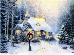 油画效果被雪覆盖的房屋和路灯装饰