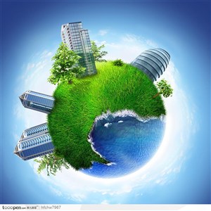 蓝天背景下的低碳环保地球和草地海洋城市