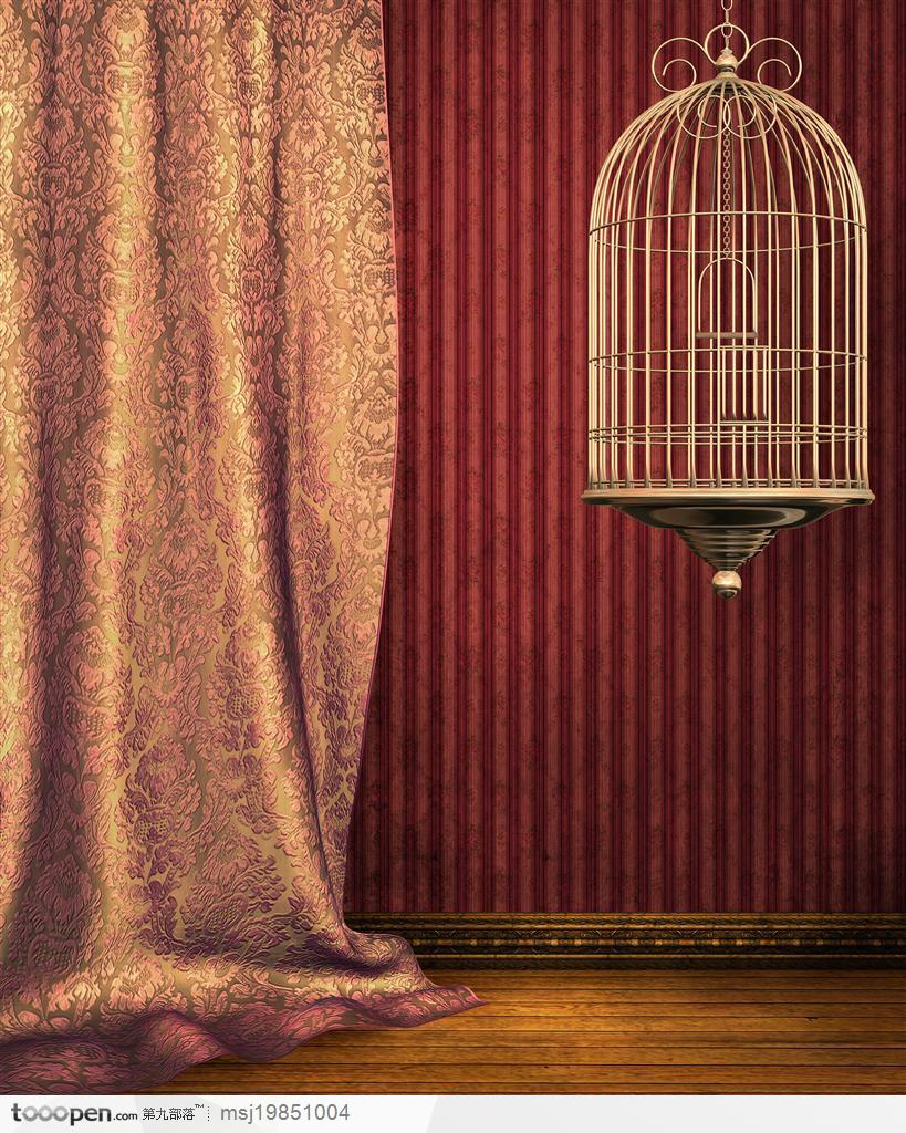 褐红色背景壁纸金色窗帘布和鸟笼