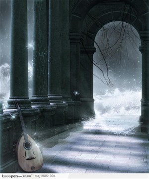 下雪的荒废的教堂走廊里的乐器