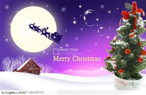 浪漫平安夜圣诞节PSD分层模板，圣诞夜 冬日星空 麋鹿飞车 圣诞雪景 雪色木屋 圣诞树图片素材