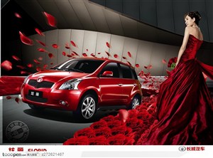 长城汽车广告-轿车与玫瑰穿红色晚礼服的美女