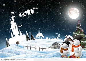 冰雪圣诞夜PSD分层模板，圣诞月亮 麋鹿飞车  圣诞雪景圣诞树 圣诞雪人