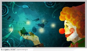 音乐卡通PSD—小丑钢琴琴键曲线花纹音符音乐五线谱