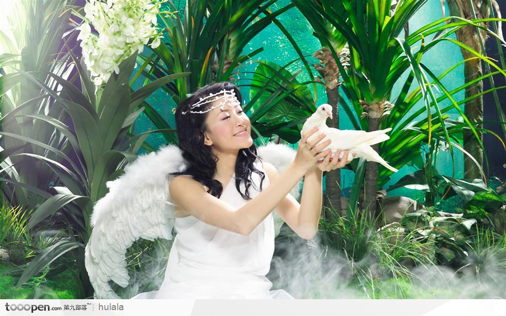 现代婚纱摄影照－－放飞白鸽 和平鸽的美女新娘