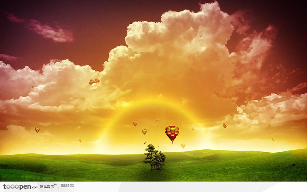 绿色大草原上漂着热气球天美丽风景PSD素材