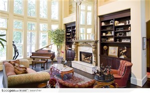 豪华欧式风格客厅沙发与书柜 高清图片