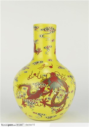 中华传统工艺品黄色龙纹花瓶