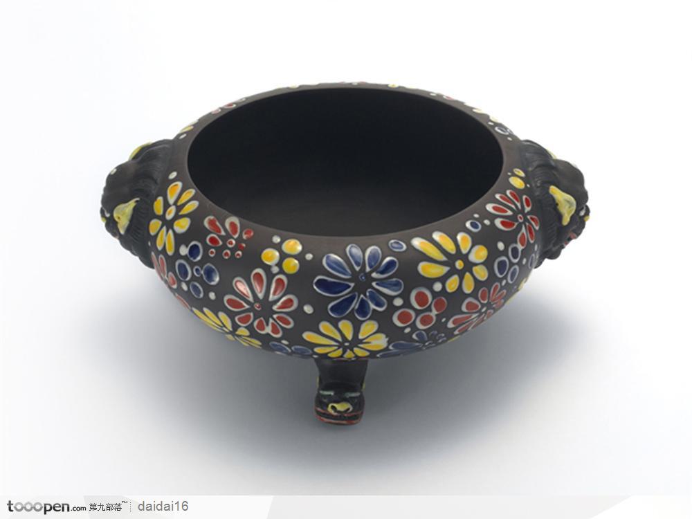 中华传统工艺品-彩色花纹黑色茶罐