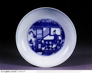 中华传统-蓝色庭院花纹盘子