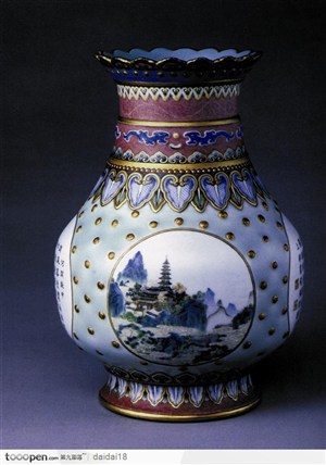 中华传统工艺-精美的山水画花纹花瓶