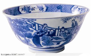 传统工艺-青色下棋花纹瓷碗