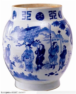 传统工艺-青色出游花纹瓷罐