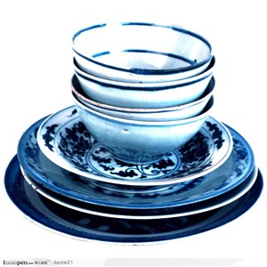 传统工艺-蓝色的盘子和瓷碗