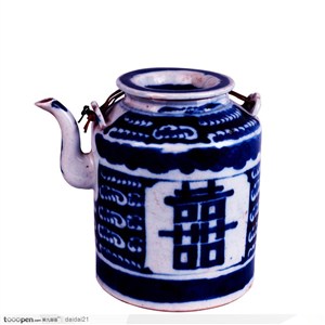 中华传统工艺品-蓝色喜字花纹的茶壶