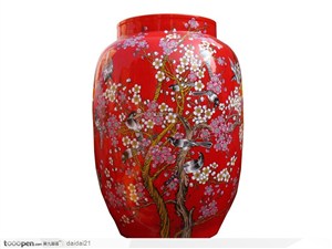 传统工艺-红色梅花麻雀花纹瓷罐