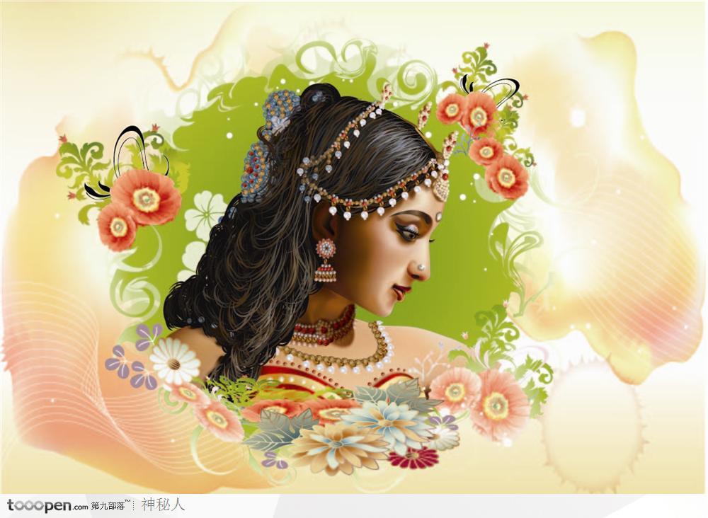 印度美女侧面头像特写装饰花卉矢量素材
