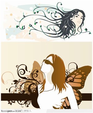 女性蝴蝶花纹装饰矢量素材