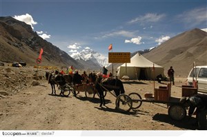 西藏人文风情-雪山下的人群