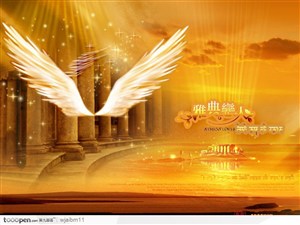 雅典殿堂和天使翅膀的优美梦幻背景模板