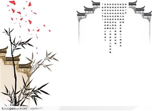 水墨画古宅和竹枝花瓣的中国风 优美梦幻背景模板