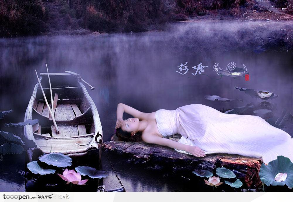 荷塘月色淡雅情侣婚纱合影特辑之新娘躺在小河边