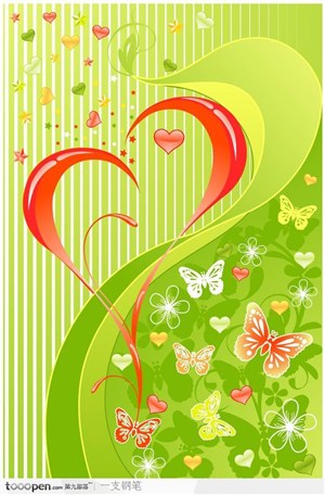 绿色清新心形花纹蝴蝶装饰矢量素材