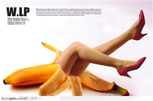 视觉创意招贴穿红色高跟谢的半裸女人与香蕉结合体